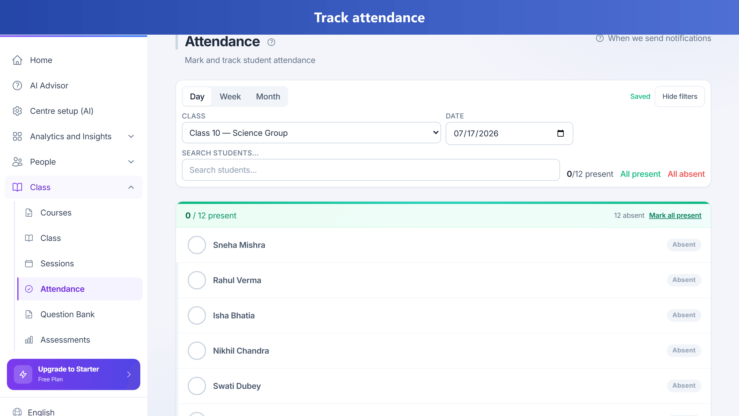 Mark class attendance by day, week, or month